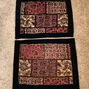Pillow Shams Pair Lush Black velour with antique colors red purple gold